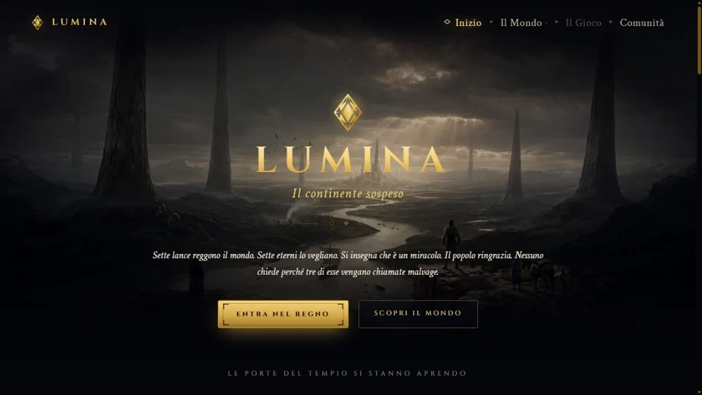 Lumina’s public website: a fantasy landscape with gold typography and navigation into the game’s world.